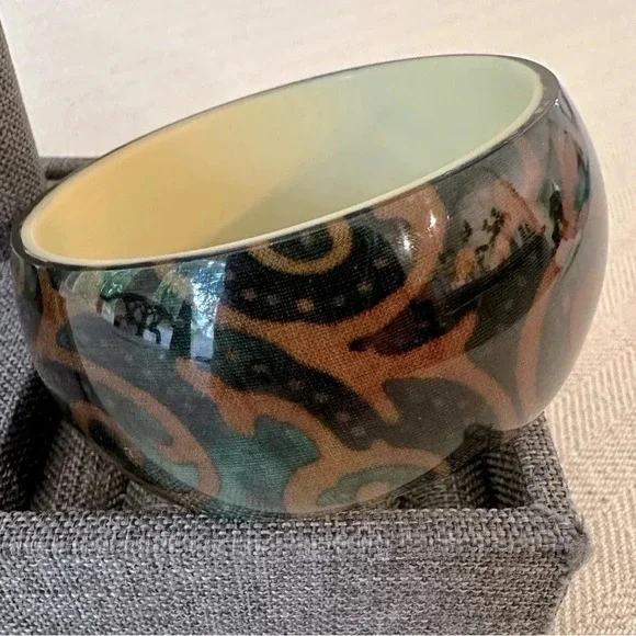 Lucite Acrylic Bangle Bracelet Brown & Turquoise Bohemian Swirls - Picture 9 of 10